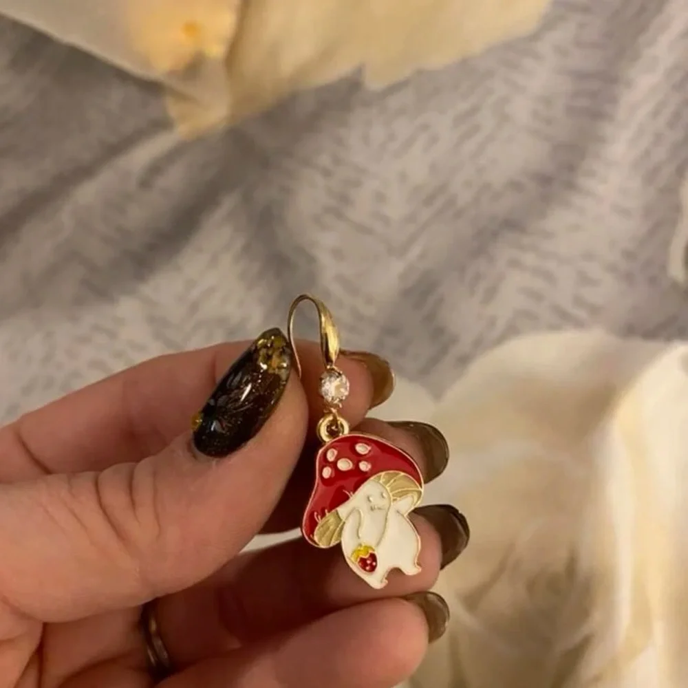 Cute Mushroom Man Strawberry Dangle Earrings | Red Enamel Whimsical